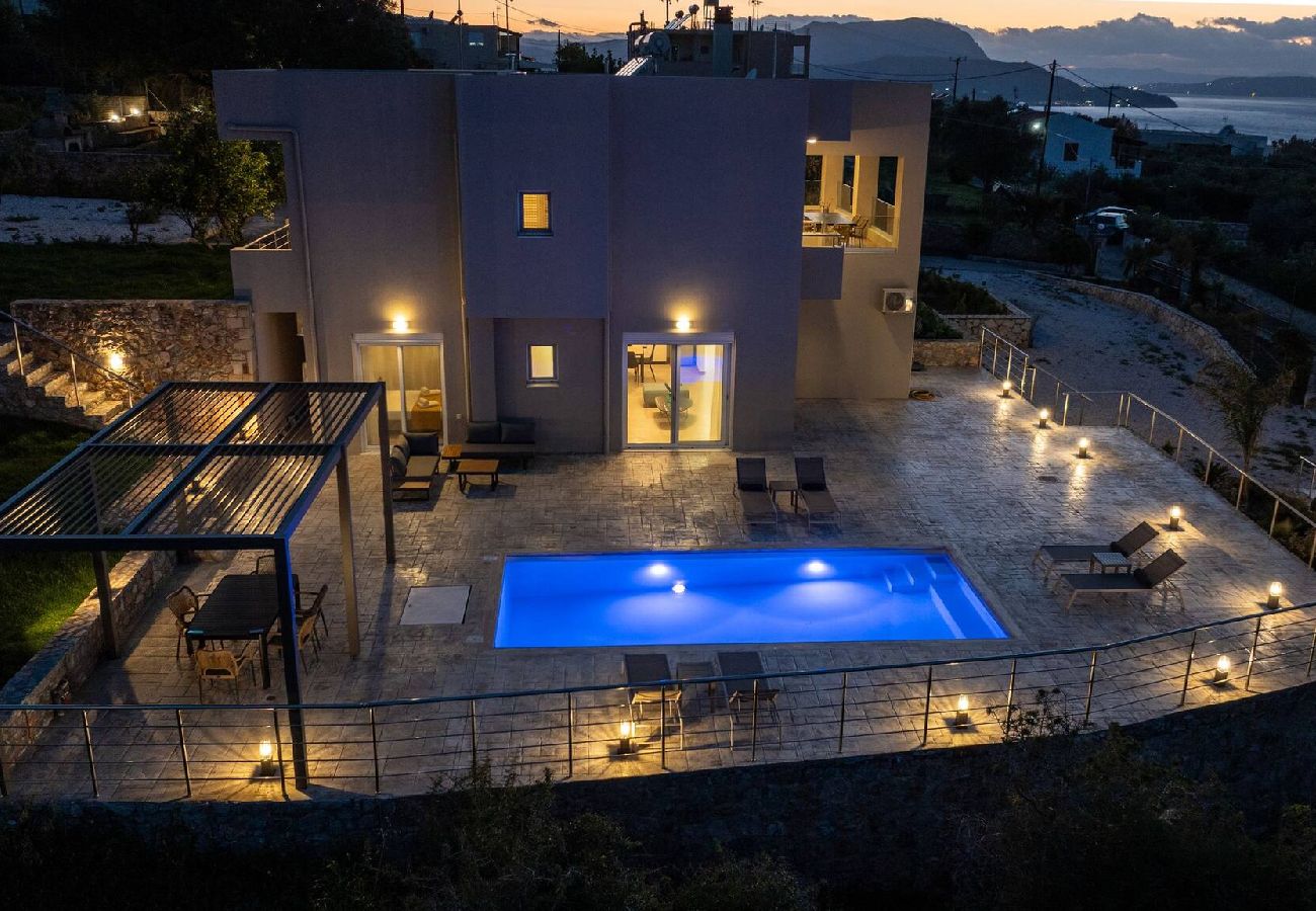 Villa in Chania with private illuminated swimming pool and sea view