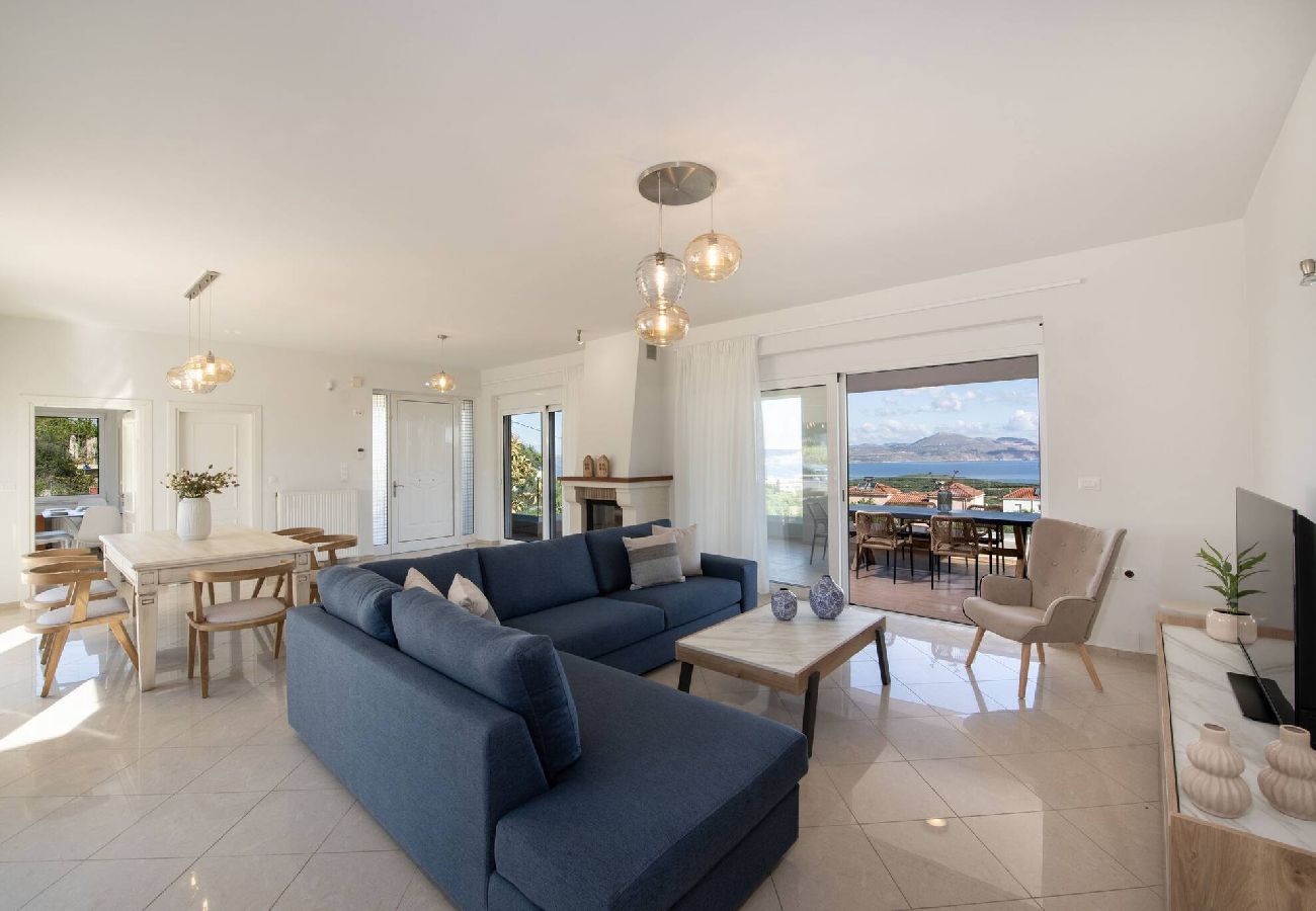 Luxury villa living room with panoramic sea view in Chania