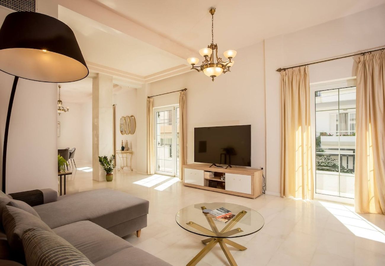 Modern living room at White Marble apartment in Chania center